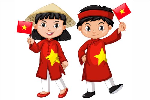 Vietnamese girl and boy in red costume illustration